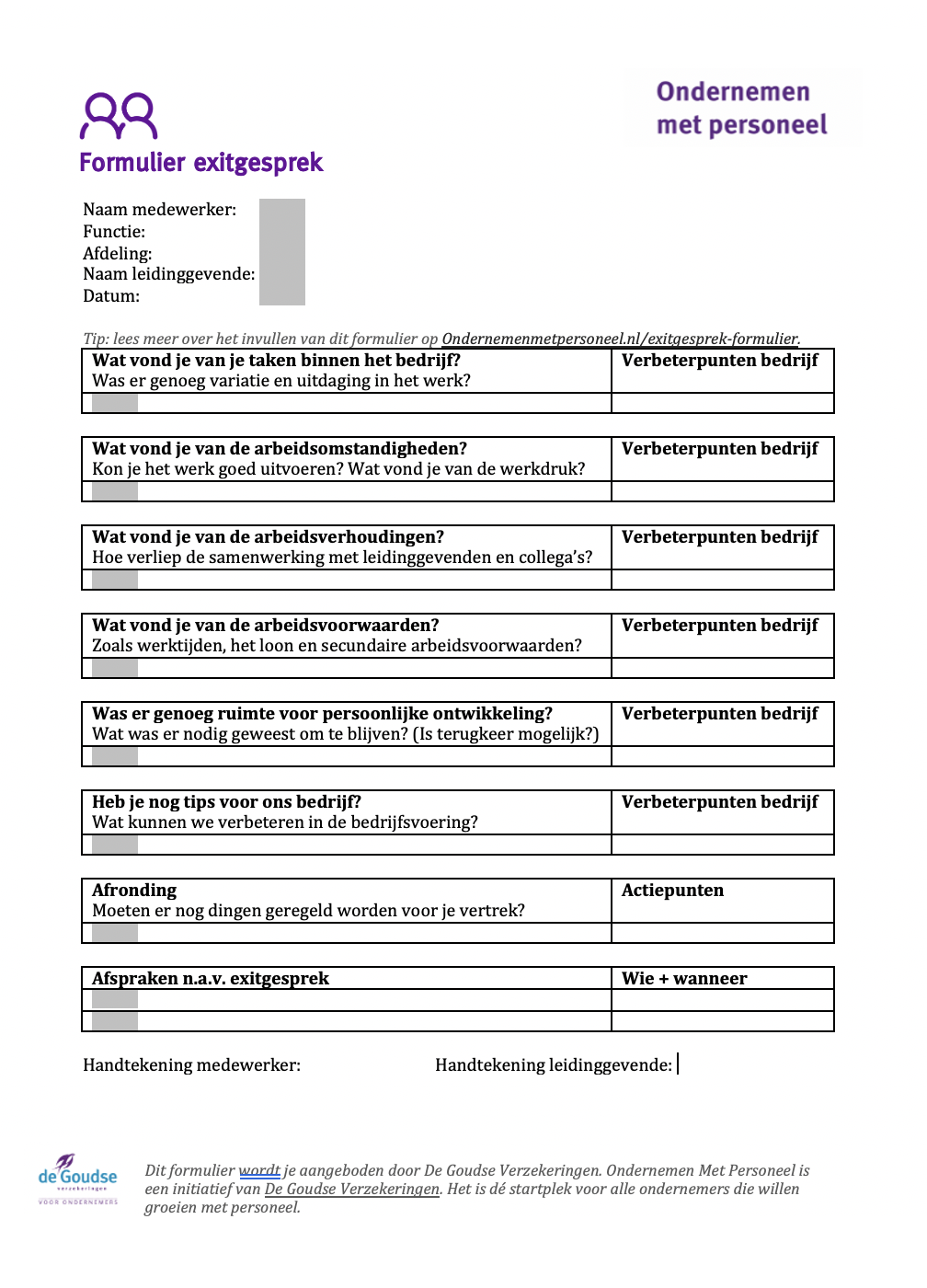 Voorbeeld exitgesprek formulier